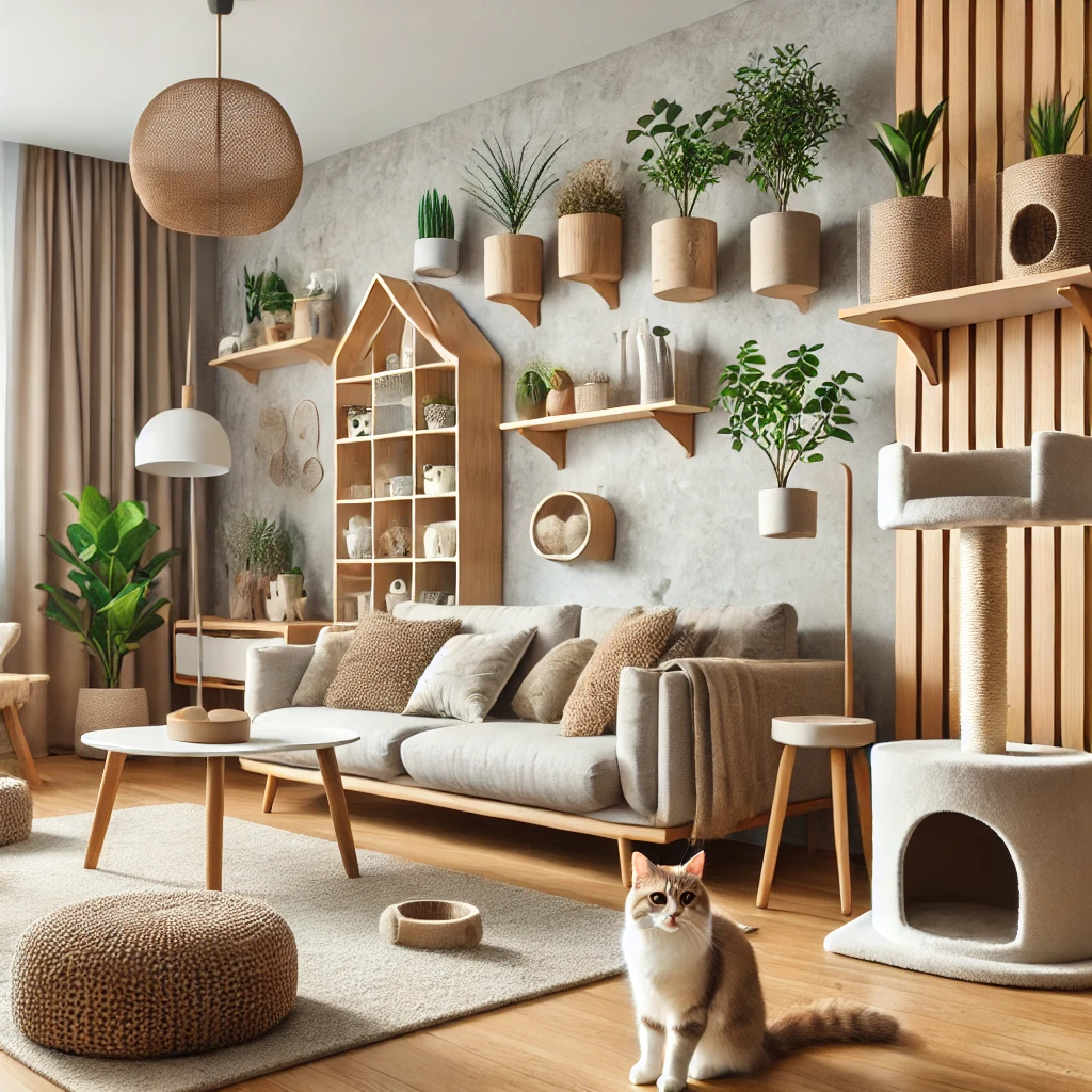 Sala de apartamento decorada com espaços para o gato